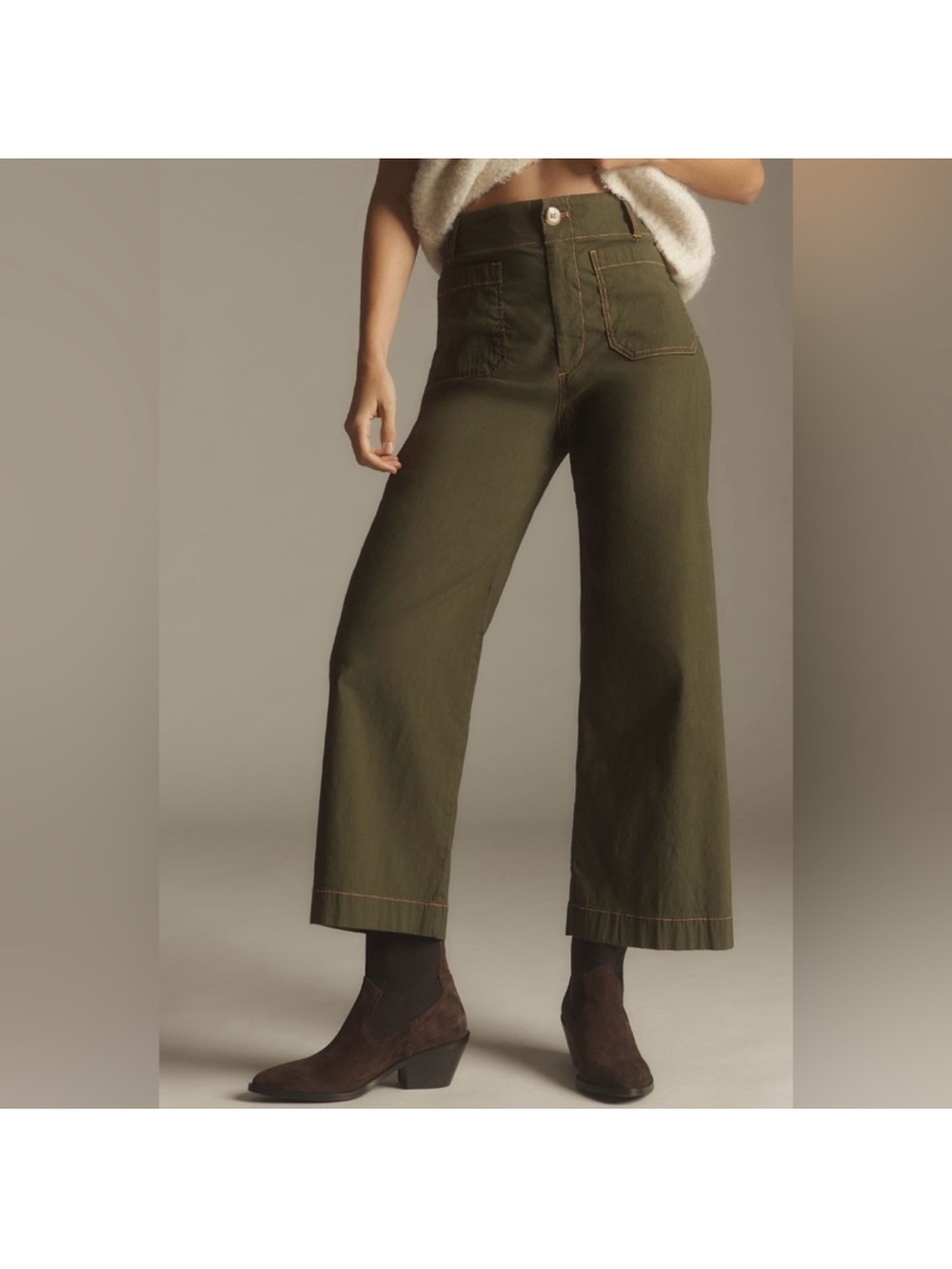 Maeve Anthro Colette Cropped wide leg contrast stitch holly green pants 26 NWT